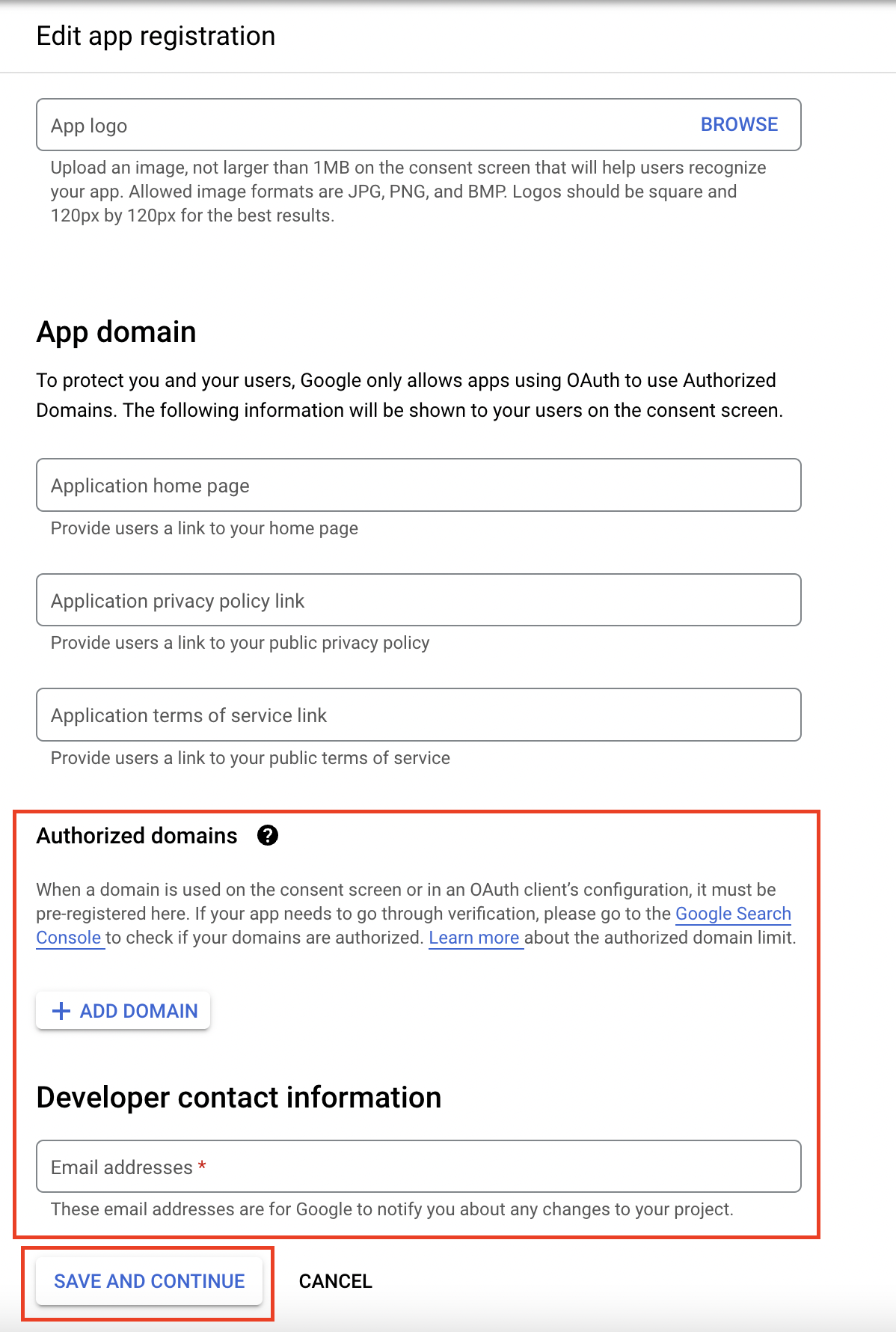 Edit app registration - Developer contact info