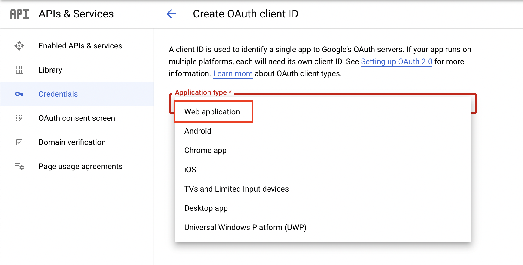 Create OAuth client ID - web application