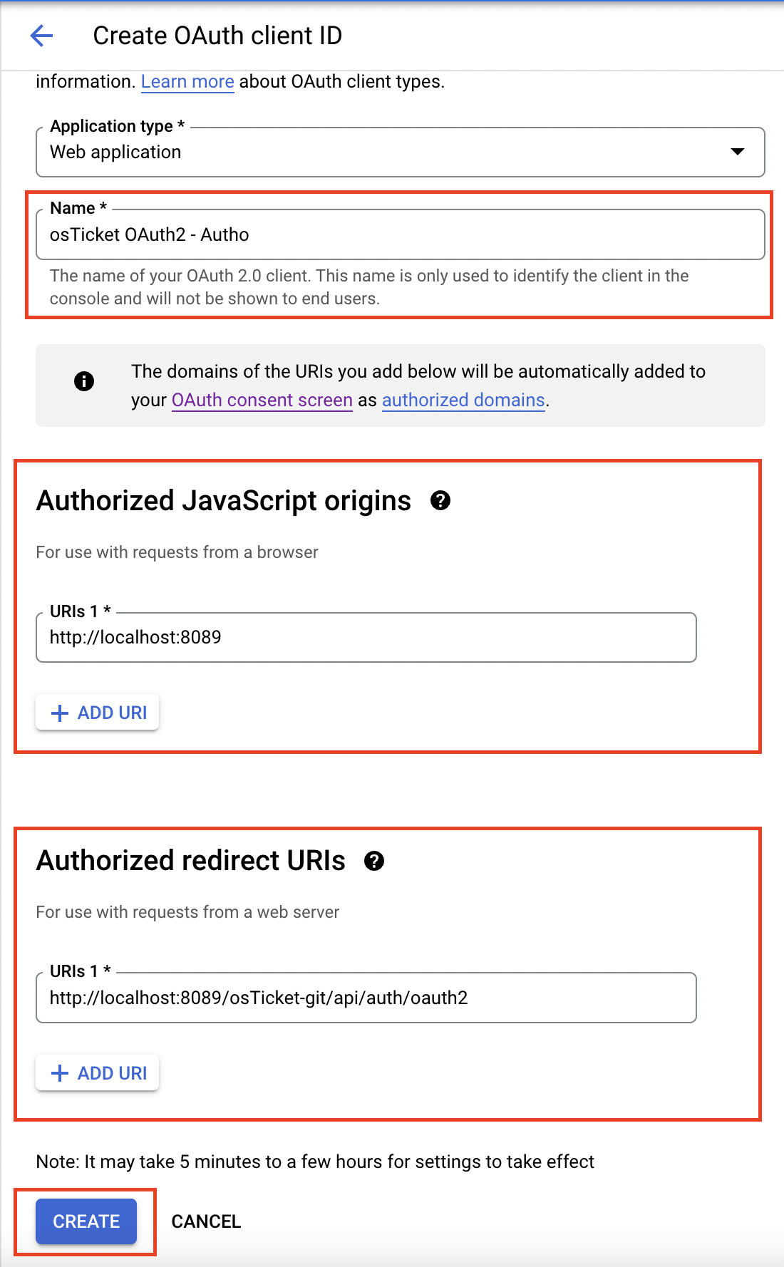 Create OAuth client ID form