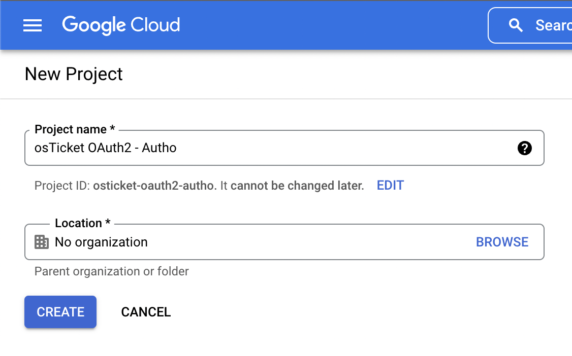Google Cloud Console New Project Form