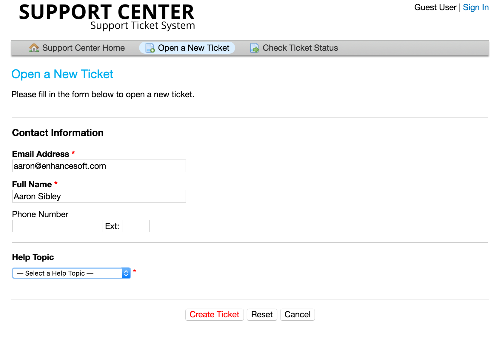 Open New Ticket Page