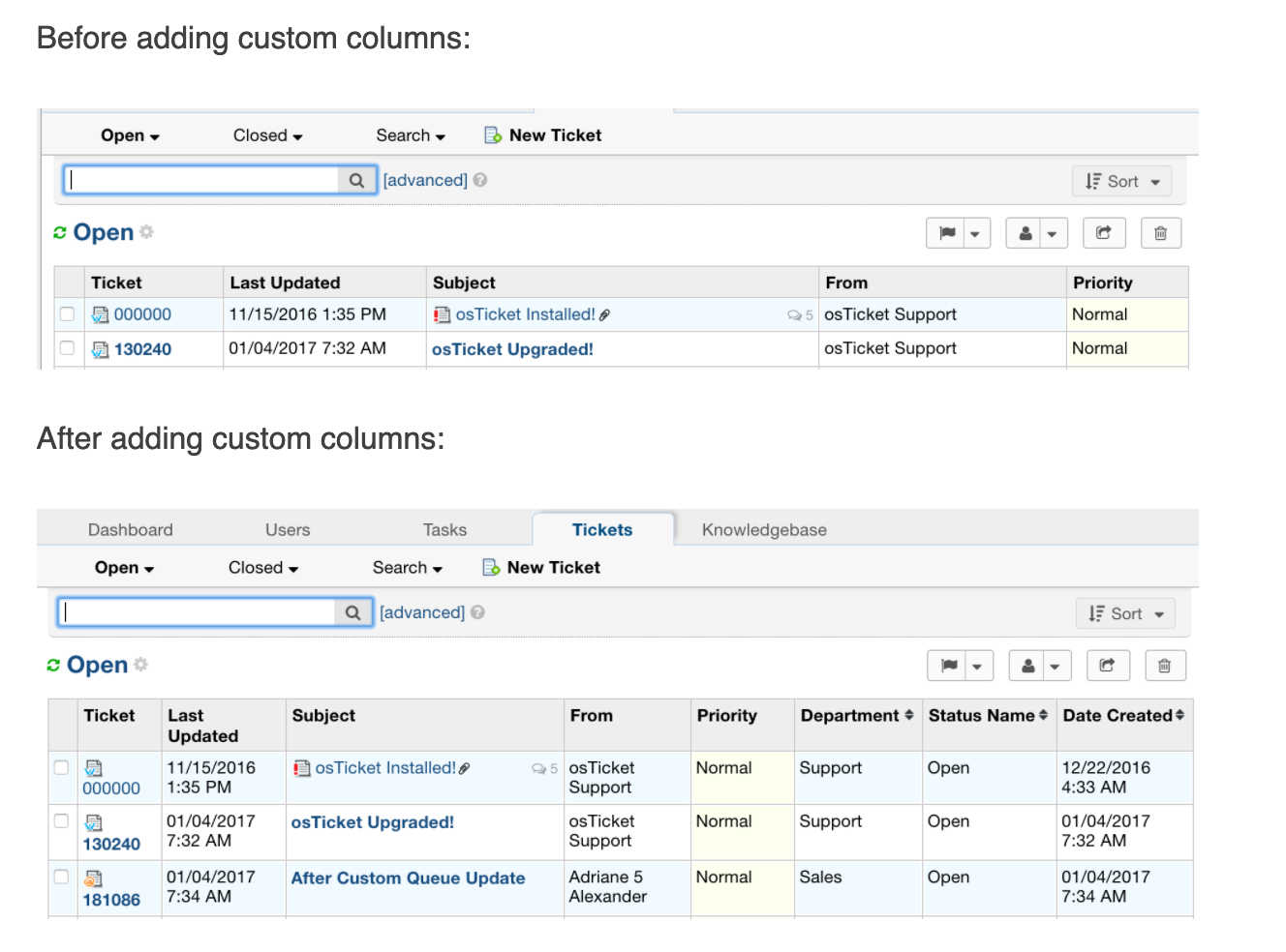 before and after custom columns and queues