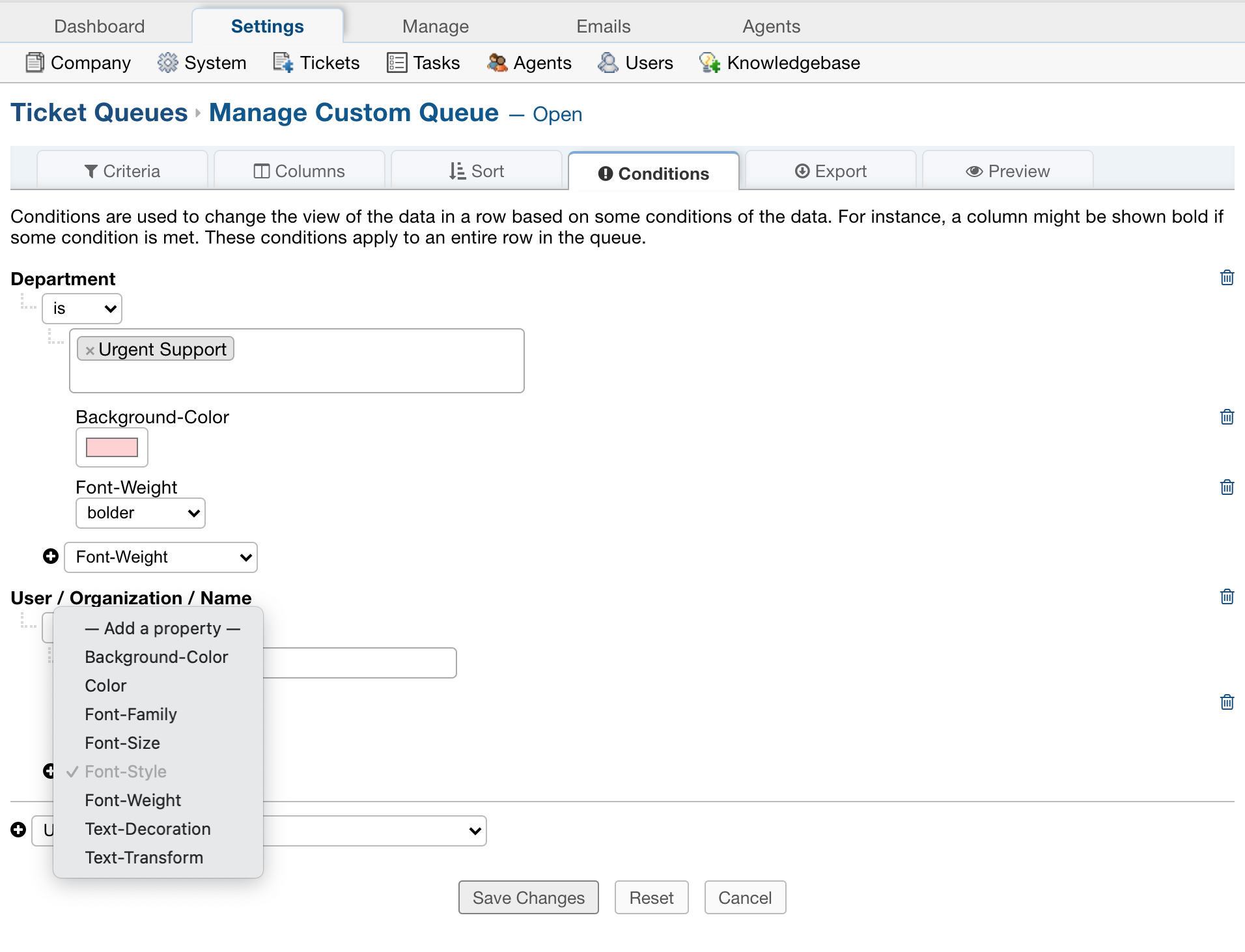 custom queues conditional styling