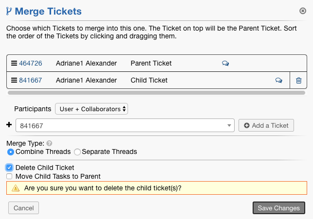 Delete Child Ticket