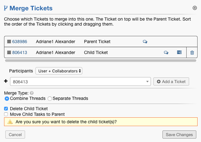 Delete Child Ticket