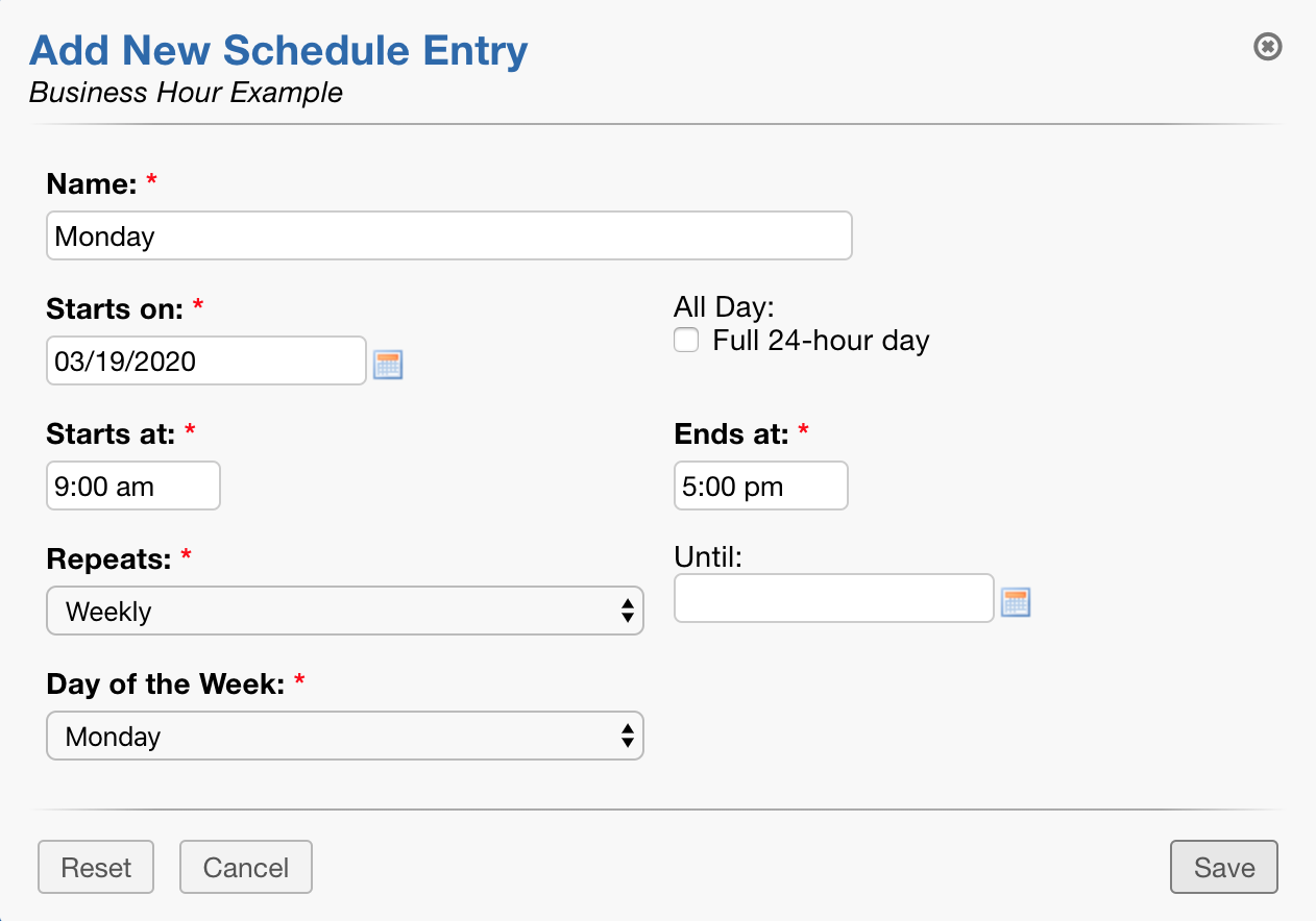 New Business Hours Entry